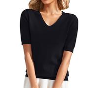 CreoQIJI Tshirts Women's V-Neck Knitted Jumper Elegant Plain Imitation Cashmere Pullover Spring Summer Base Top Short Sleeve Slim Fit Knitted Blouse Women Knitted Pullover Top Shirts, black, M