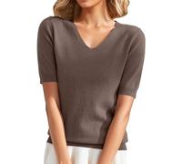 CreoQIJI Tshirts Women's V-Neck Knitted Jumper Elegant Plain Imitation Cashmere Pullover Spring Summer Base Top Short Sleeve Slim Fit Knitted Blouse Women Knitted Pullover Top Shirts, coffee, S