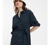 Crepe Mid-Length Shirt Dress with Long Sleeves Navy Blue