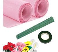 Crepe Paper Flower DIY Kits 2 Rolls 50x250cm Light Pinkish Crepe Paper Sheets 40 Pcs Floral Iron Wire with 1 Roll 30 Yard Floral Tape for Birthday Decoration, Party Decoration and Wedding Decoration