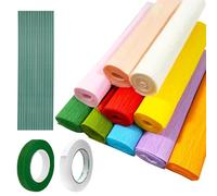 Crepe Paper Rolls, 10 Colors of Coloured Crepe Paper, 25 x 250 cm with 30 Pcs Floral Iron Wire, 2 Rolls of Tape and Small Scissors for Making Valentine's Day Flowers DIY Floral Paper Crafts