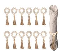 Creperture Wood Bead Napkin Rings, 12PCS Natural Wooden Beads Napkin Holders with Tassels Elastic Rustic Napkin Buckles for Christmas Farmhouse Wedding Home Table Decoration