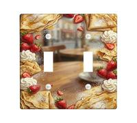 Crepes Kitchen Double Light Switch Cover Plate, Gourmet Rustic Strawberries Whipped Cream Summer Red Plastic Standard Size Toggle Light Switch Cover for Bedroom Bathroom Home Entrance Decor