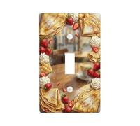 Crepes Kitchen Single Light Switch Cover Plate, Gourmet Rustic Strawberries Whipped Cream Summer Red Plastic Standard Size Toggle Light Switch Cover for Living Room Bedroom Home Office Decor (Single)