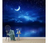 Crescent and Stars Wall Mural Deep Blue Night Sky Home Decoration Photo Mural, Wall Decoration for Bedroom Nursery Living Room Home Decoration 350 x 256 cm Photo Wallpaper