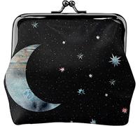Crescent Moon and Multicolored Stars Women's Leather Coin Purse, Small Change Pouch with Kiss-Lock Clasp Closure Buckle Wallet for Girl Gift