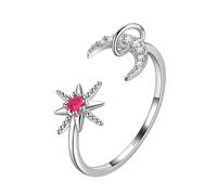 Crescent Moon and Star Ring Adjustable 925 Sterling Silver Cubic Zirconia Moon and Star Open Band Rings for Women and Men DR0161W