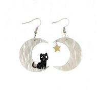 Crescent Moon Black Cat Dangle Drop Earrings for Women - Acrylic Skull Skeleton Kitten Animal Star Charm Hook Hoops Earring Asymmetric Fashion Halloween Jewelry Statement, Standard, Acrylic, No