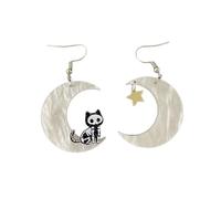 Crescent Moon Black Cat Dangle Drop Earrings for Women - Acrylic Skull Skeleton Kitten Animal Star Charm Hook Hoops Earring Asymmetric Fashion Halloween Jewelry Statement, Standard, Acrylic, No