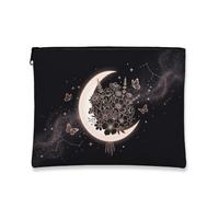Crescent Moon Canvas with Zipper, Fanciful Celestial Floral Butterflies None Black Canvas with Zipper Small Makeup Pouch for Travel, Vanity, Bathroom, Purse Storage and Daily Use, Black, 7x9 Inch