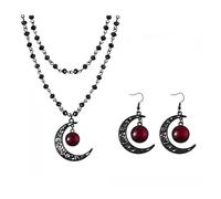 Crescent Moon Goth Necklace Earrings Jewelry Set Double Layer Moon Pendant Necklace Black Red Round Crystal Earring Hollow Moons Beads Chain Necklaces for Women, Middle, Alloy Steel, No Gemstone