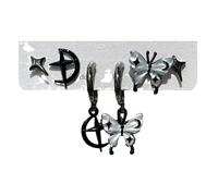 Crescent Moon Goth Pentagram Earrings for Women, 6-Piece Punk Bohemian Ear Stud Set with Butterfly & Cross Designs, Black Alloy Alternative Jewelry Collection