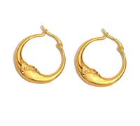 Crescent Moon Huggie Earrings, Gold-Tone Stainless Steel with Abstract Portrait Face - Click-Top Secure Hoops 2.8cm, Artistic Jewellery Gift for Women Birthday (Gold)