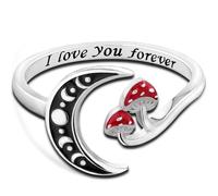 Crescent Moon Mushroom Ring 925 Sterling Silver Open Moon Phases Enchanted Red Mushroom Ring Engraved I Love You Forever