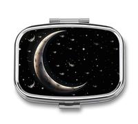 Crescent Moon on Black Background Pill Box 2 Compartment, Portable Pill Case with Mirror for Pocket Purse Travel, Mini Metal Medicine Organizer for Vitamins Fish Oil