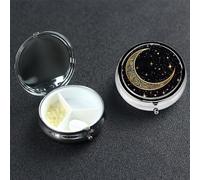 Crescent Moon Pattern on Black Background Pill Box 3 Compartment Small Pill Case for Purse & Pocket Decorative Metal Medicine Case Travel Pillbox Round Pill Organizer Vitamin Container Unique Gift