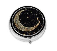 Crescent Moon Pattern Pill Case with Mirror Retro 3 Compartment Pill Box Small Pill Organizer for Purse or Pocket Decorative Metal Medicine Vitamin Organizer Unique Gifts