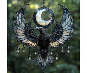 Crescent Moon Raven Acrylic Suncatcher, Rising Raven Mosaic Effect Acrylic Suncatcher, Cute Birdsun Catchers Indoor Window Christmas Decoration, SunCatcher Panel Decor for Bird Lovers