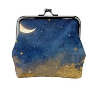 Crescent Moon Stars Leather Kiss Lock Coin Purse-Small Mini Wallet for Women