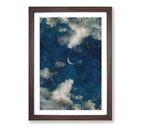 Crescent Moon Through The Clouds Painting Framed Print | A2 Walnut Framed Wall Art | Ready to Hang | Modern Space Picture | Living Room Bedroom Lounge Office