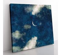 Crescent Moon Through the Clouds Painting Modern Canvas Wall Art Print Ready to Hang, Framed Picture for Living Room Bedroom Home Office Décor, 35x35 cm (14x14 Inch)