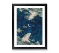 Crescent Moon Through The Clouds Painting Modern Framed Print | A2 Black Framed Wall Art | Ready to Hang | Modern Space Picture | Living Room Bedroom Lounge Office