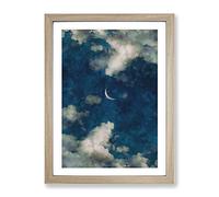 Crescent Moon Through The Clouds Painting Modern Framed Print | A2 Oak Framed Wall Art | Ready to Hang | Modern Space Picture | Living Room Bedroom Lounge Office