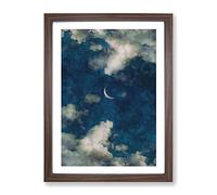 Crescent Moon Through The Clouds Painting Modern Framed Print | A2 Walnut Framed Wall Art | Ready to Hang | Modern Space Picture | Living Room Bedroom Lounge Office