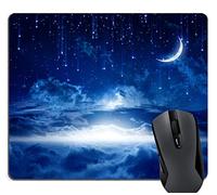 Crescent Moon with Bright Falling Stars Above The Clouds Scene Mouse Pad, Navy Blue and White Night Starry Sky Mouse Pads