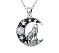 Crescent Moon Wolf Necklace, 925 Sterling Silver Genuine Moonstone Pendant, Mystical Boho Jewelry, Birthday Gift for Women