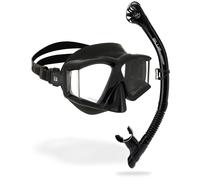 CRESSI Horizion+Scilla Combo Black/Black - Combo Set Horizon Mask 4 Separate Tempered Glasses and Scilla Top Dry Valve System Snorkel for Diving and Snorkelling, Black/Black