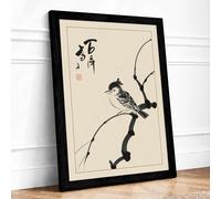 Crested Bird on Branch Japandi Framed Wall Art Print A1 (84.1×59.4cm) Black, Wall Decor for Living Room, Bedroom, Office & Home, Ready to Hang, Art Gift