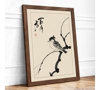 Crested Bird on Branch Japandi Framed Wall Art Print A1 (84.1×59.4cm) Walnut, Wall Decor for Living Room, Bedroom, Office & Home, Ready to Hang, Art Gift