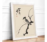 Crested Bird on Branch Japandi Framed Wall Art Print A4 (29.7×21cm) White, Wall Decor for Living Room, Bedroom, Office & Home, Ready to Hang, Art Gift