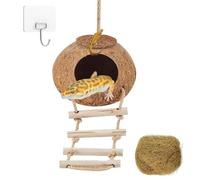 Crested Gecko Coconut Hide with Ladder Shell Natural,Reptile Coco Hut Cave Habitat with Suction Cup Terrarium Décor for Hermit Crab, Lizard, Leopard Gecko Snake Reptiles