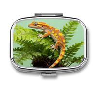 Crested Gecko on Fern pilldispenser with Mirror 2 Compartments Waterproof PillCase for Purse Pocket Non-Slip Grip Travel Medicine Organizer Container Box for Vitamin Fish Oil Supplement
