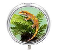 Crested Gecko on Fern pilldispenser with Mirror 3 Compartments Waterproof Pillcase for Purse Pocket Non-Slip Grip Travel Medicine Organizer Container Box for Vitamin Fish Oil Supplement