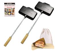 CretFine Double Pie Irons Cast Iron Sandwich Maker Pack of 2 for Camping with Storage Bag and Recipes, Camp Cooker Campfire Cooking Equipment for Pies, Sandwiches, Steak, Hot dogs