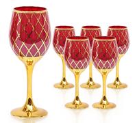 CretFine Red and Gold Wine Glasses Set of 6, Colored Stemmed and Rimmed Decorative Fancy Drinking Glass, for Gifts, Wedding, Thanksgiving, Birthday, Christmas Goblets Glassware Drinkware, 12oz