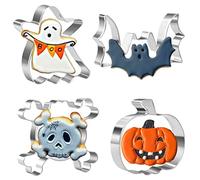 Crethinkaty 4 Pieces Halloween Cookie Cutters Set for Baking - Ghost,Bat,Pumpkin and Skull,Round Shape Stainless Steel Holiday Biscuit/Pastry Cutter