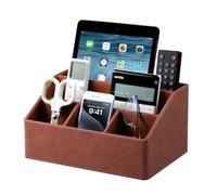 Cretkhp PU Leather Desk Organizer with Coaster, Desktop Organizers and Accessories Office Supplies Large Bedside Organizer, 5 Compartments (Brown)