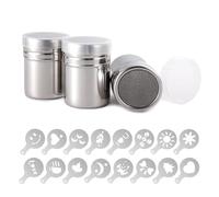 Cretosou 3 PCS Stainless Steel Container Sifter Flour Shakers, Flour Sugar Salt Shaker Chocolate Powder Shaker, Coffee Accessories with 16 Coffee Molds Stencils for Kitchen Baking Cooking Cappuccino