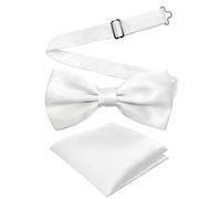 Cretty-Meet Adjustable Bowtie and Pocket Square Set Men Bowtie and Handkerchief Solid Color Double Fold Pre-Tied Bow Tie for Dinners, Weddings, Parties, Business, Proms - White