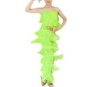 CRETUAO Girls 2 Piece Latin Ballroom Dance Costume Set Tassel Camisole Fringe Pants Modern Salsa Competition Performance Dress,Fluorescent Green,3XL