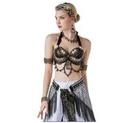CRETUAO Women Belly Dance Halter Bra Tops, Chain Fringe Swags Push Up Beads Shells Bra,Boho Coins Top Tribal Dance Bra,Black,S
