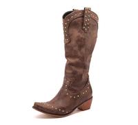 CRETUAO Women Fashion Knee High Leather Rivet Boots,Meideval Retro West Cowboy Boots,Knight Flat Platform Chunky Heel Long Boots,Punk Style Rural Casual Boots,Brown,4 UK