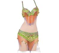 CRETUAO Women Halloween Belly Dance Costume,Tassel Bead Embroidery Indian Dance Bra Girdle, Carnival Stage Performance Sexy Belly Dance Suit,Orange,S