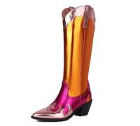 CRETUAO Women Pointed Toe Metallic Western Cowboy Boots,Chunky Heel Slip On Knee High Boots,Fashion Punk Mixed Colors Riding Casual Vintage Shoes,Gold,8 UK