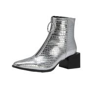 CRETUAO Women Square Toe Front Zipper Chunky Heels Ankle Boots,Fashion Snakeskin Chelsea Booties,Classic Silver Party Western Boot,Silver,6 UK