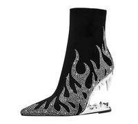CRETUAO Women Tiger Tooth Heel Ankle Boots,Fashion Rhinestone Flame Pattern High Heel Booties,Sexy Hollow Pointed Toe Model Catwalk Party Short Boots,Silver,7 UK